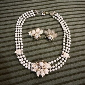 Vintage Sandor Enamel Milk Glass Rhinestone Triple Strand Necklace & Earring Set